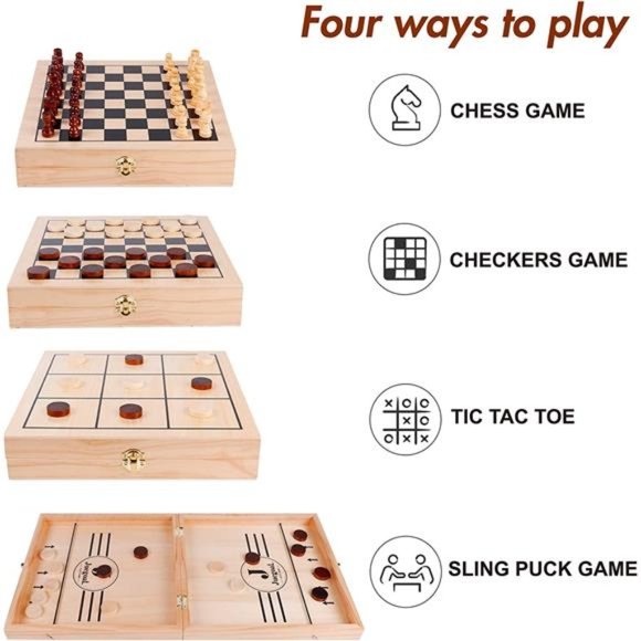 4-in-1 Wooden Fast Sling Puck Set for Kids and Adults, Chess, Checkers, Tic Tac - Picture 4 of 7